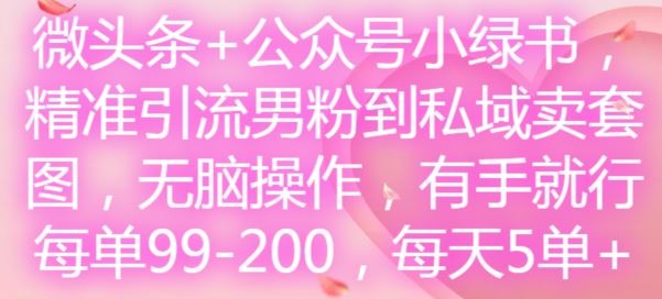微头条+公众号小绿书，精准引流男粉到私域卖套图，无脑操作，有手就行，每单99-200，每天5单-大鱼聊项目