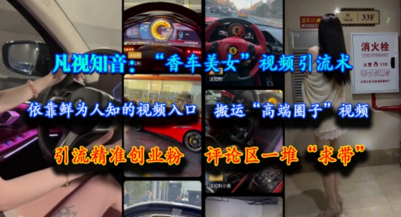 凡视知音：“香车美女”视频引流术，依靠鲜为人知的视频入口，搬运“高端圈子”视频，引流精准创业粉，评论区一堆“求带”-大鱼聊项目