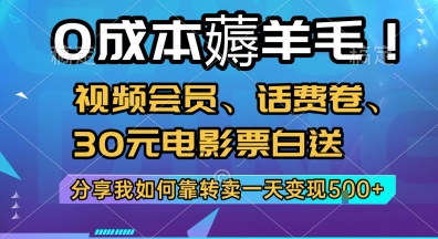 0成本薅羊毛!视频会员、话费卷、30元电影票白送，分享我如何靠转卖一天变现5张+【揭秘】-大鱼聊项目