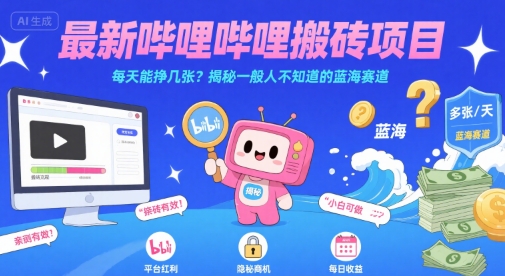 最新哔哩哔哩上B站搬砖项目，每天能挣几张？揭秘一般人不知道的蓝海赛道-大鱼聊项目