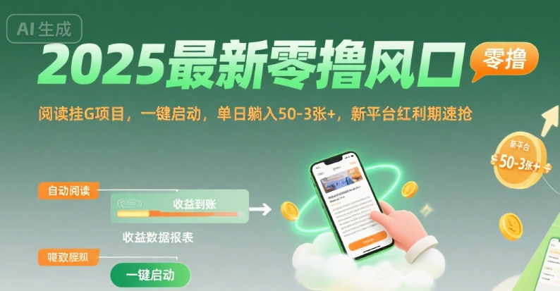 2025最新零撸风口，阅读挂G项目，一键启动，单日躺入 50-3张+，新平台红利期速抢【揭秘】-大鱼聊项目