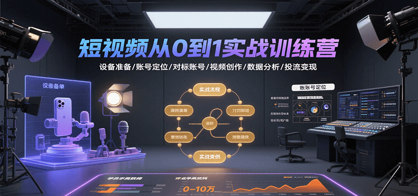 短视频从0到1实战训练营：设备准备/账号定位/对标账号/视频创作/数据分析/投流变现-大鱼聊项目