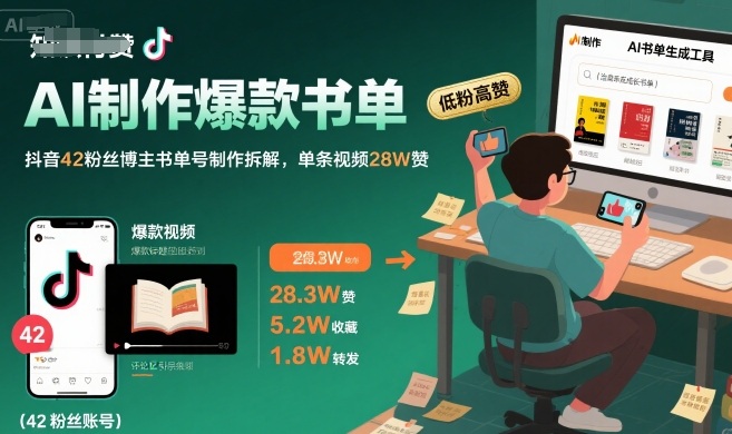 AI制作爆款书单，抖音42粉丝博主书单号制作拆解，单条视频28W赞-大鱼聊项目