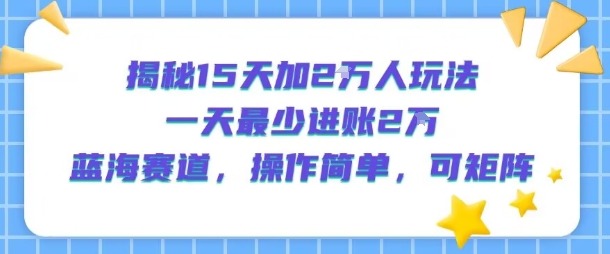 揭秘15天加2W人玩法，一天最少2万进账，蓝海赛道，操作简单，可矩阵-大鱼聊项目