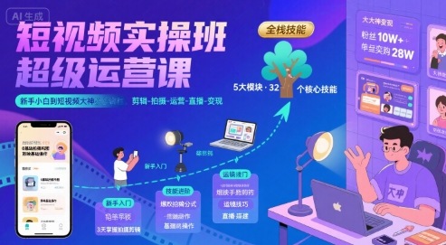 短视频实操班超级运营课，新手小白到短视频大神必修课程，剪辑-拍摄-运营-直播-变现-大鱼聊项目