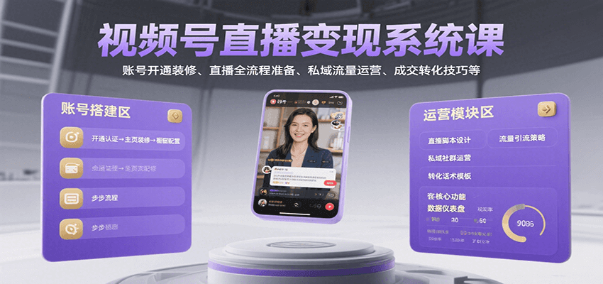 视频号直播变现系统课，账号开通装修、直播全流程准备、私域流量运营、成交转化技巧等-大鱼聊项目
