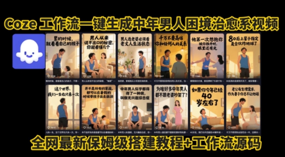 coze工作流一键生成”中年男人困境扎心高涨粉高播放量图文视频”保姆级拆解教程，无需剪辑，无需拍摄写文案-大鱼聊项目