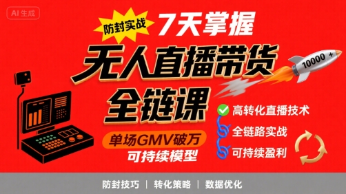 无人直播带货全链防封实战课，7天掌握高转化直播技术，实现单场GMV破万可持续模型-大鱼聊项目