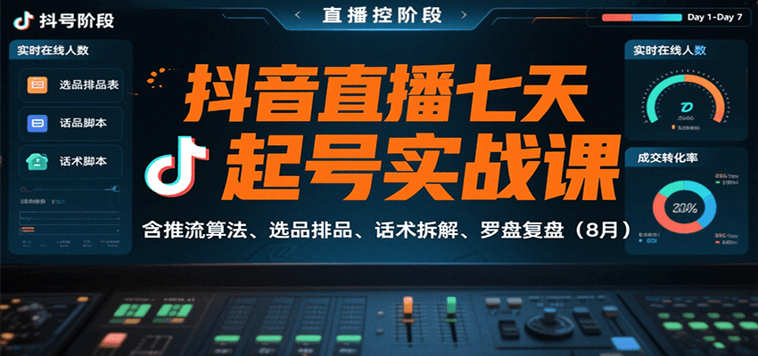 抖音直播七天起号实战课：含推流算法、选品排品、话术拆解、罗盘复盘(8月)-大鱼聊项目