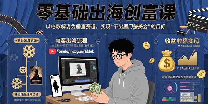 零基础出海创富课：以电影解说为垂直赛道，实现不出国门赚美金的目标-大鱼聊项目
