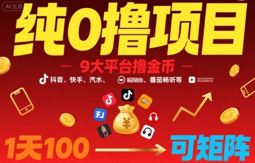 纯0撸项目，9大平台撸金币，抖音，快手，汽水，番茄畅听等，1天100，可矩阵-大鱼聊项目