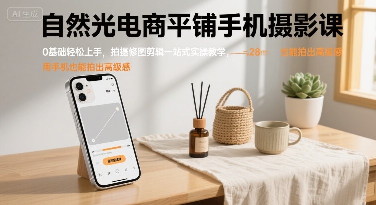 自然光电商平铺手机摄影课，0基础轻松上手，拍摄修图剪辑一站式实操教学，用手机也能拍出高级感-大鱼聊项目